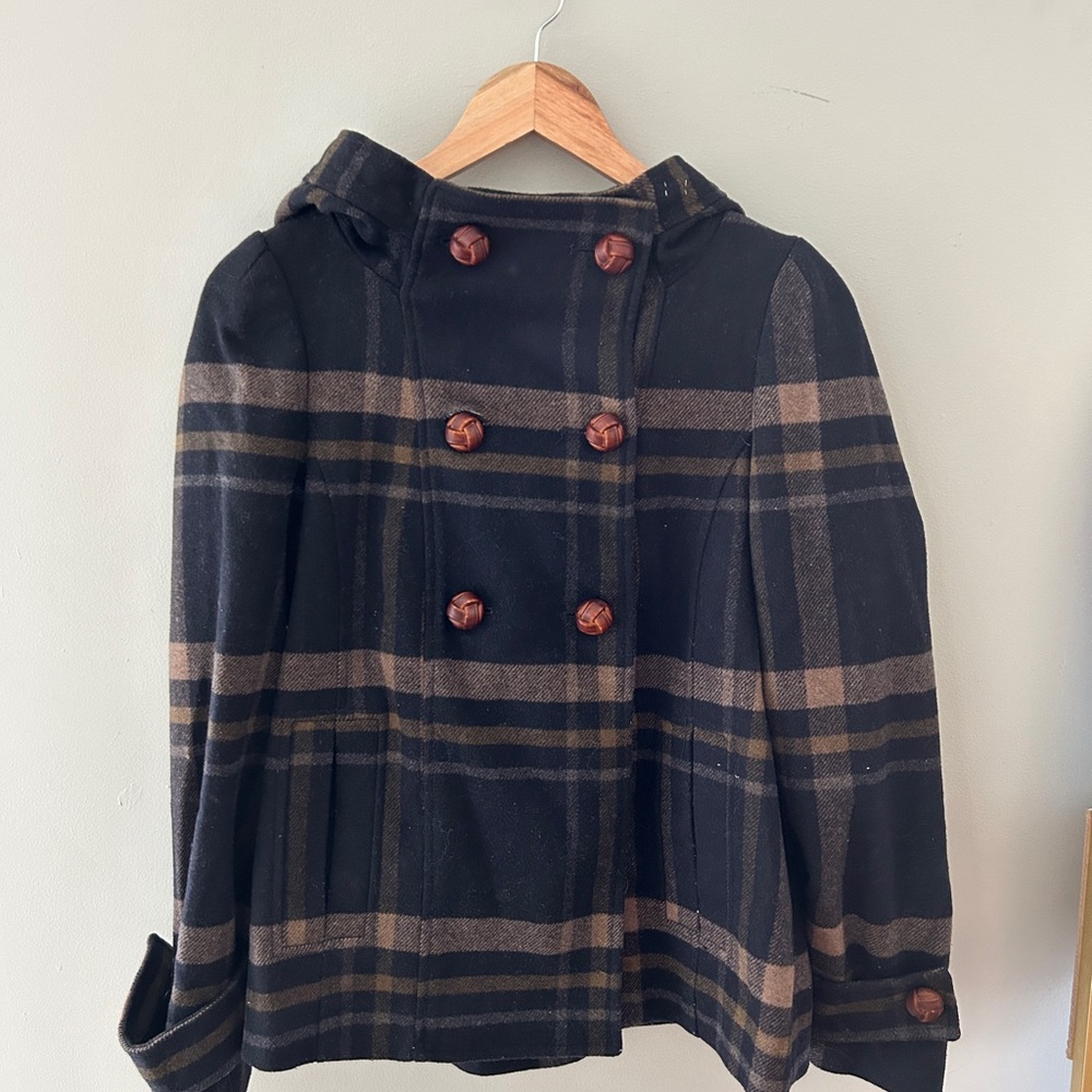 Zara Black and Brown Peacoat Double-Breasted Wool Blend